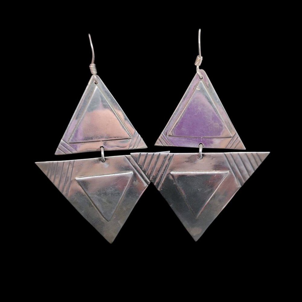 Modernist Geometric Sterling Silver Connected Dangle Triangle Earrings 3D 18.1g - Picture 2 of 7